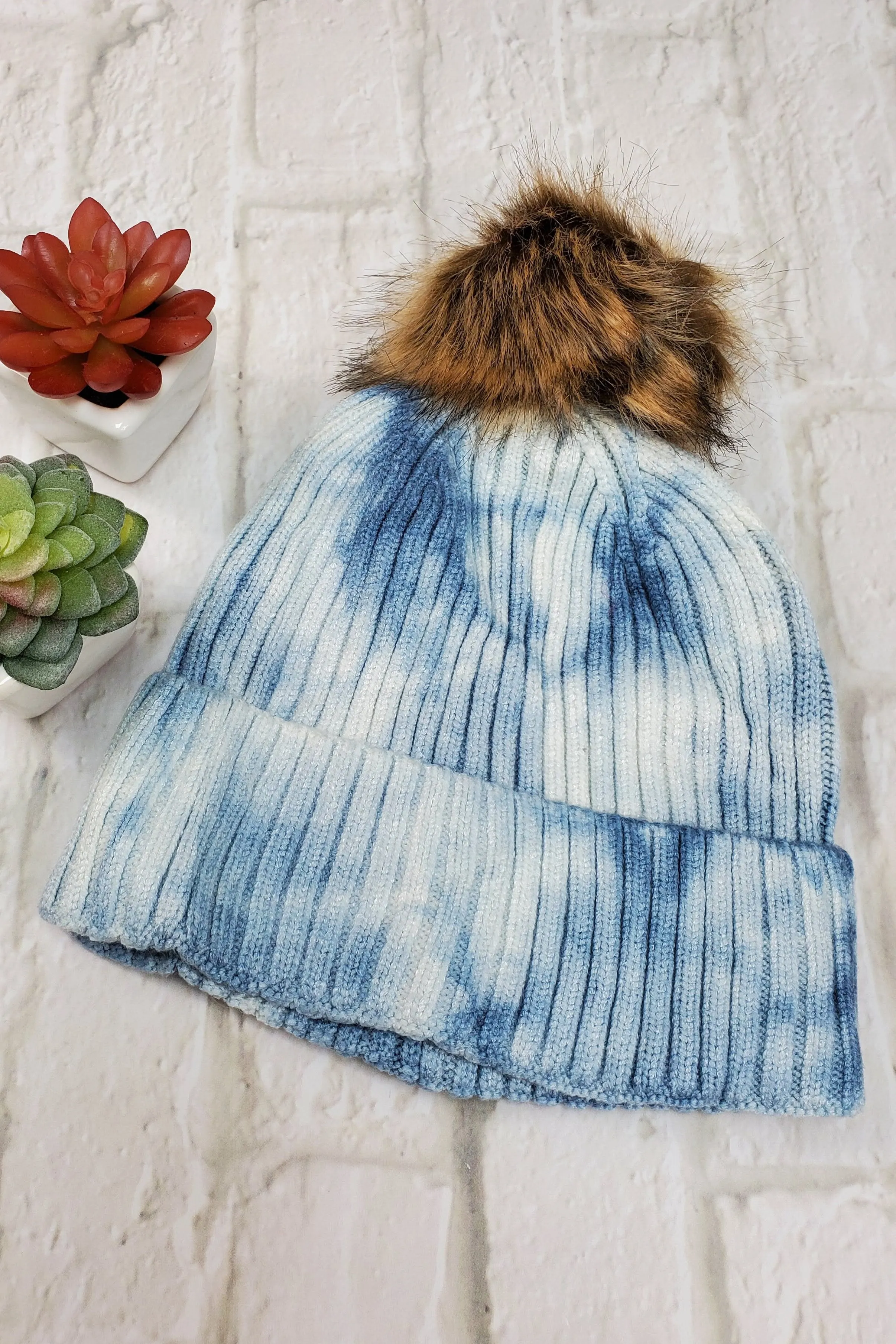 #21 Light Blue Tie-Dye Pom-Pom Beanie