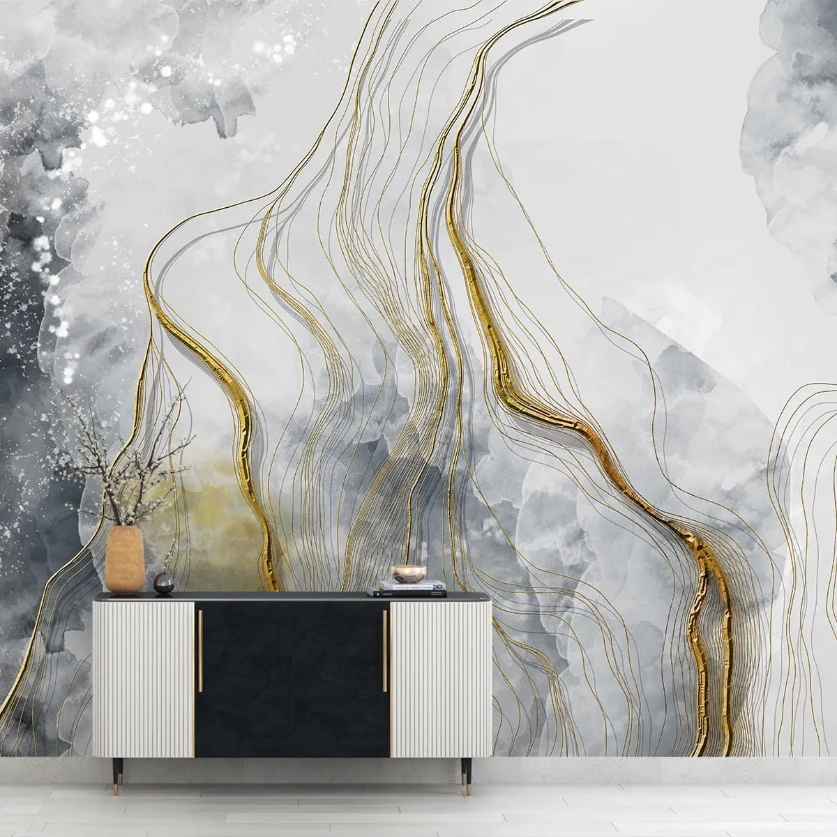 3D Look Grey & Gold Marble Customised Wallpaper