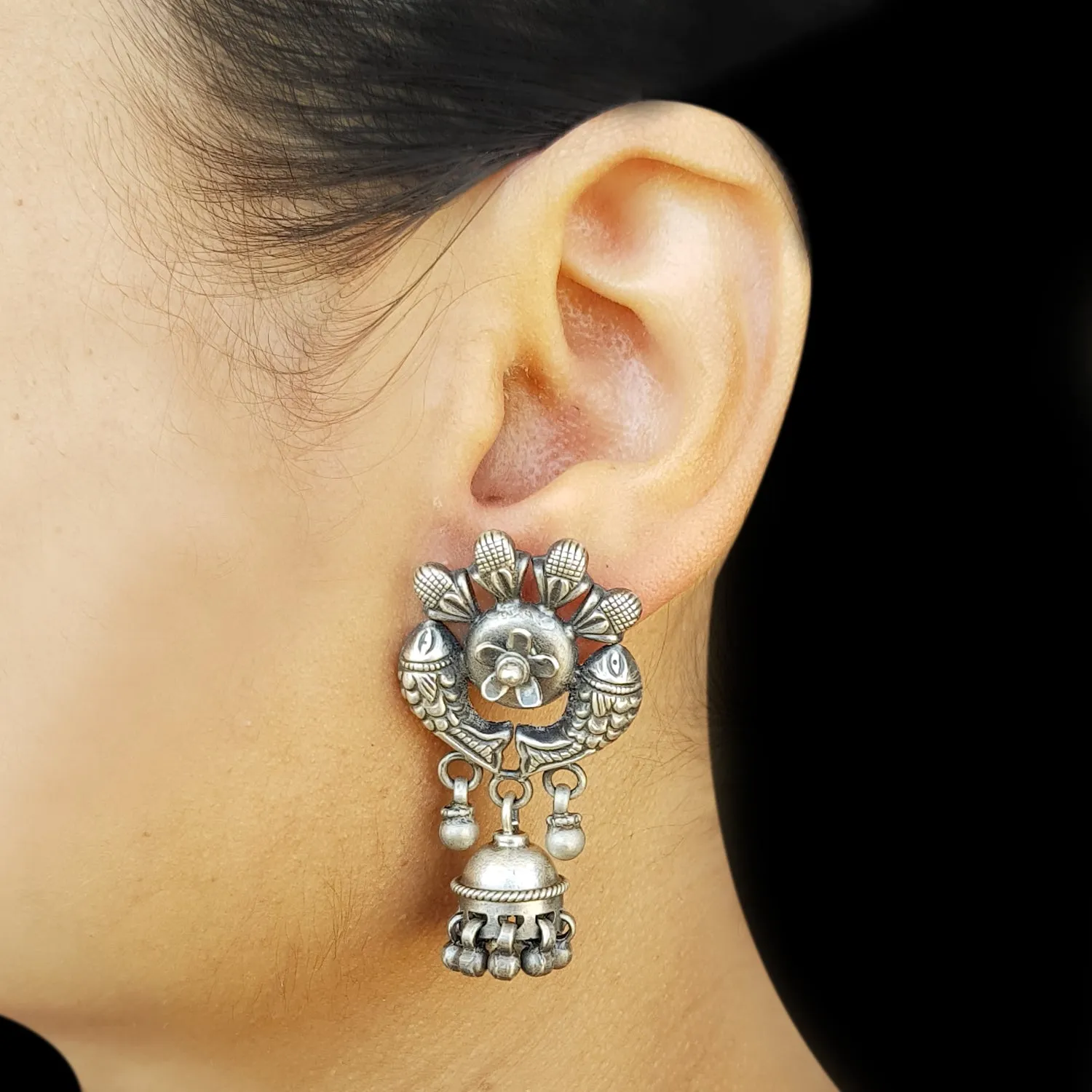 925 Silver Antique Look Dual Fish Jhumki Earrings