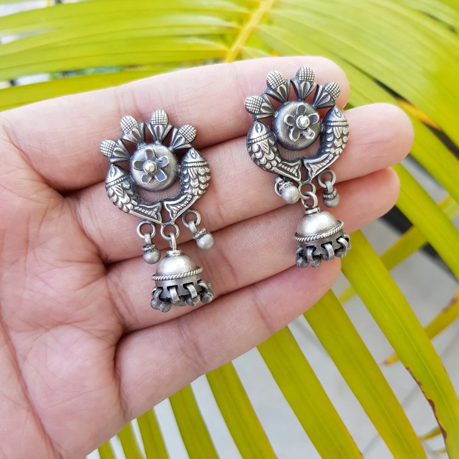 925 Silver Antique Look Dual Fish Jhumki Earrings