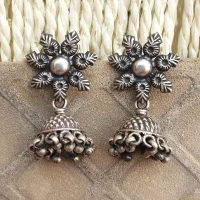 925 Silver Antique Look Flower Earrings With Jhumki Drop