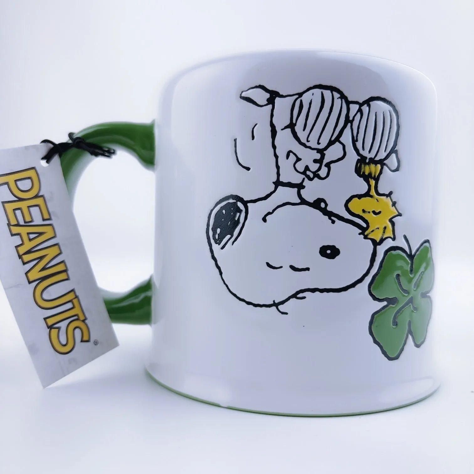 Peanuts Snoopy & Woodstock With Clover Ceramic Stoneware Mug 21 oz - Green