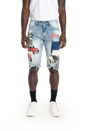 Twill Applique Fashion Jean Shorts - Canal Blue